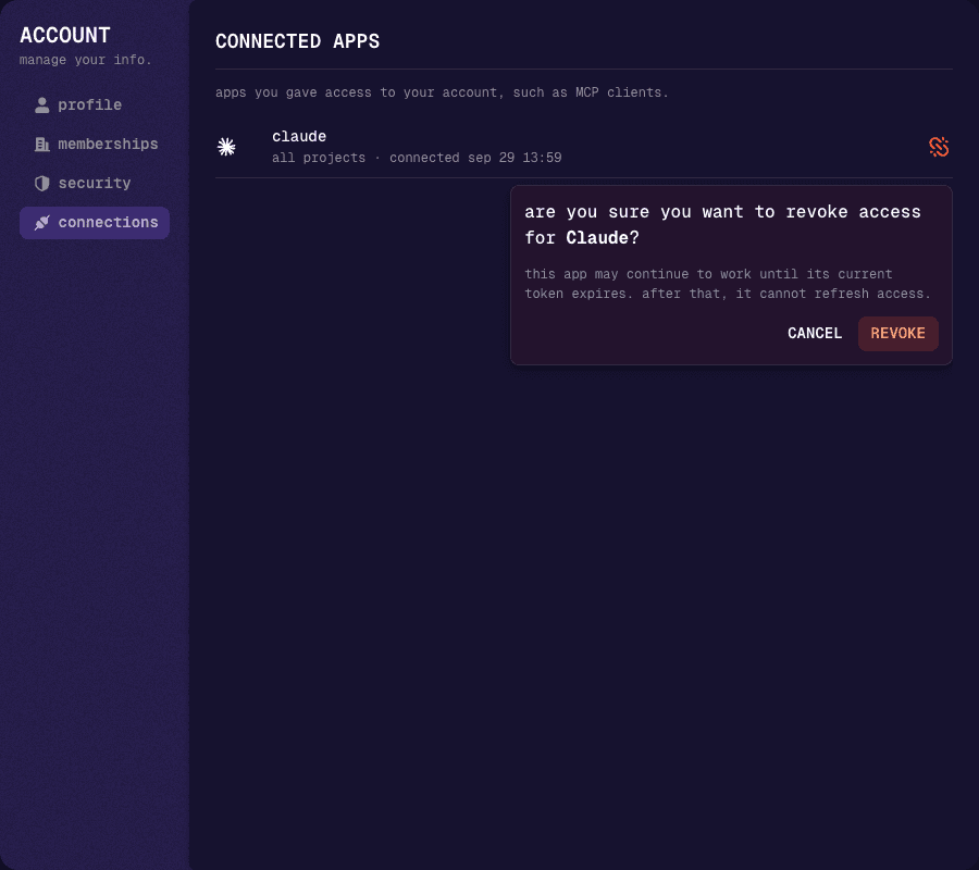 Connections tab of the account dialog with the revoke confirmation