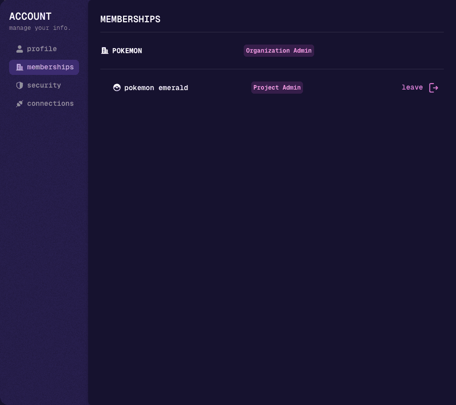 Memberships tab of the account dialog