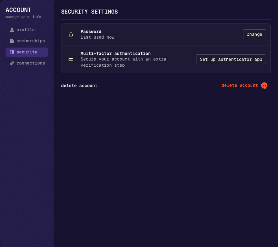 Security tab of the account dialog
