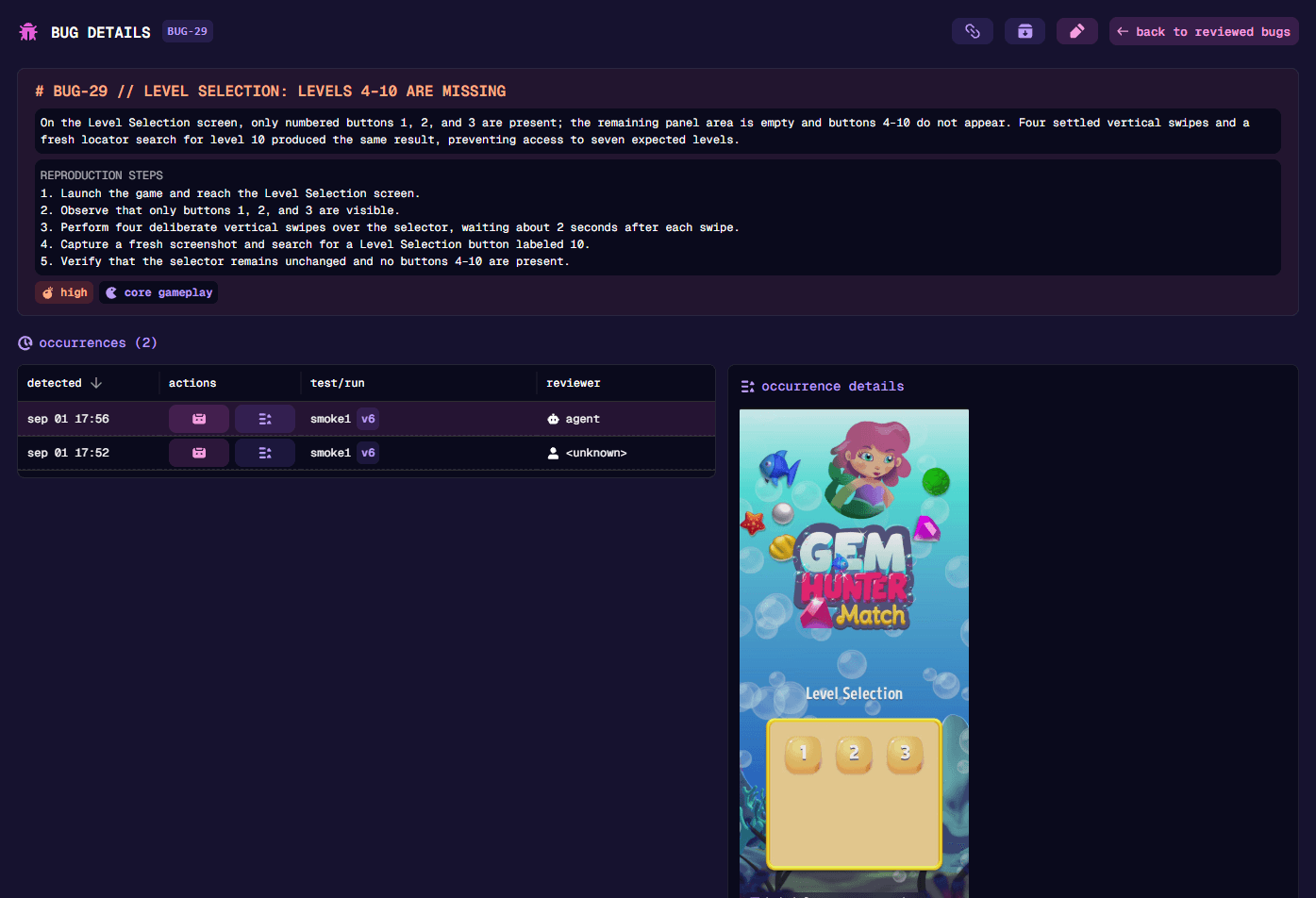 Bug details with linked occurrences and visual evidence