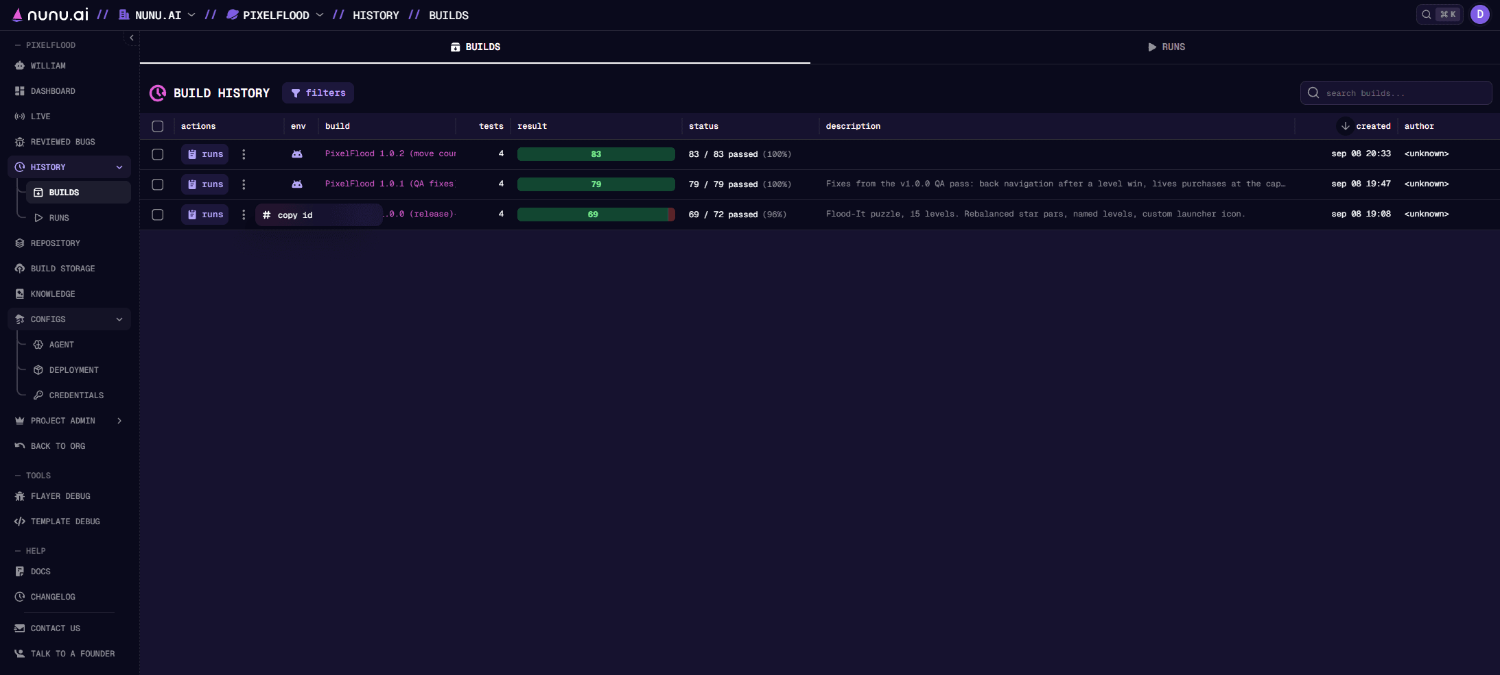 Builds tab showing run actions, verification results, and build status
