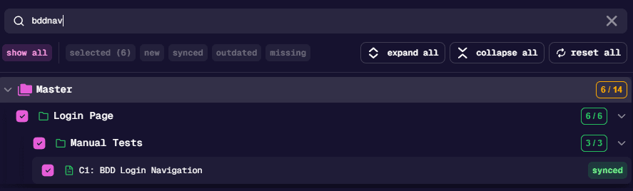 Case picker with search and tree view