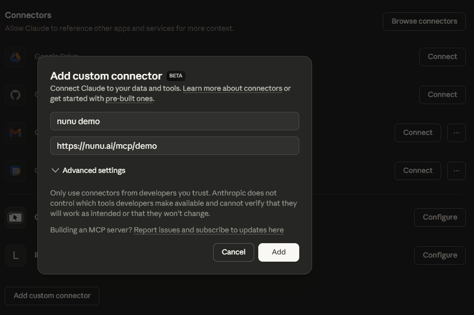 Claude Add Custom Connector dialog