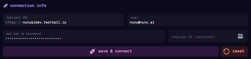 TestRail connection form