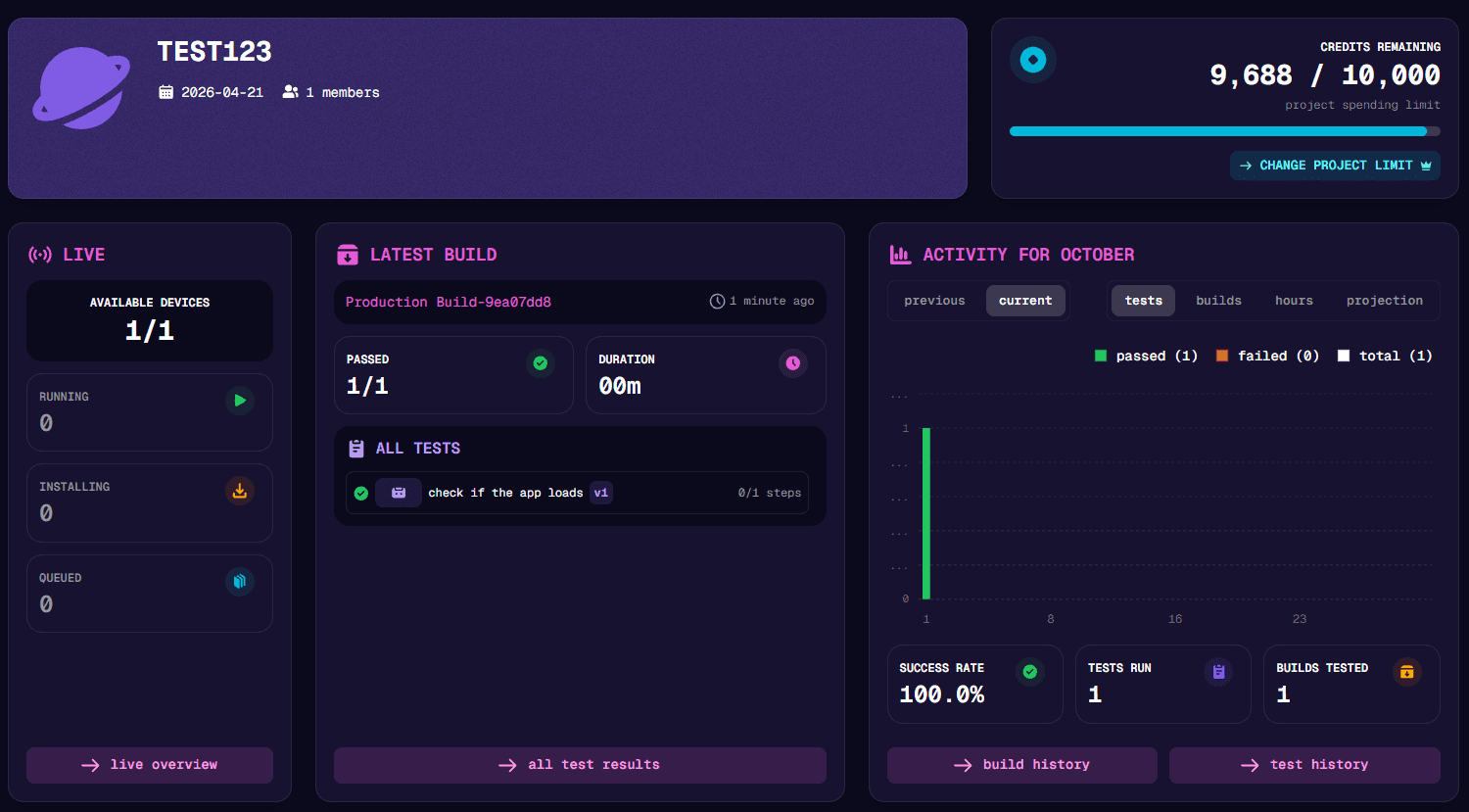 Project dashboard showing remaining credits, available devices, and current run activity