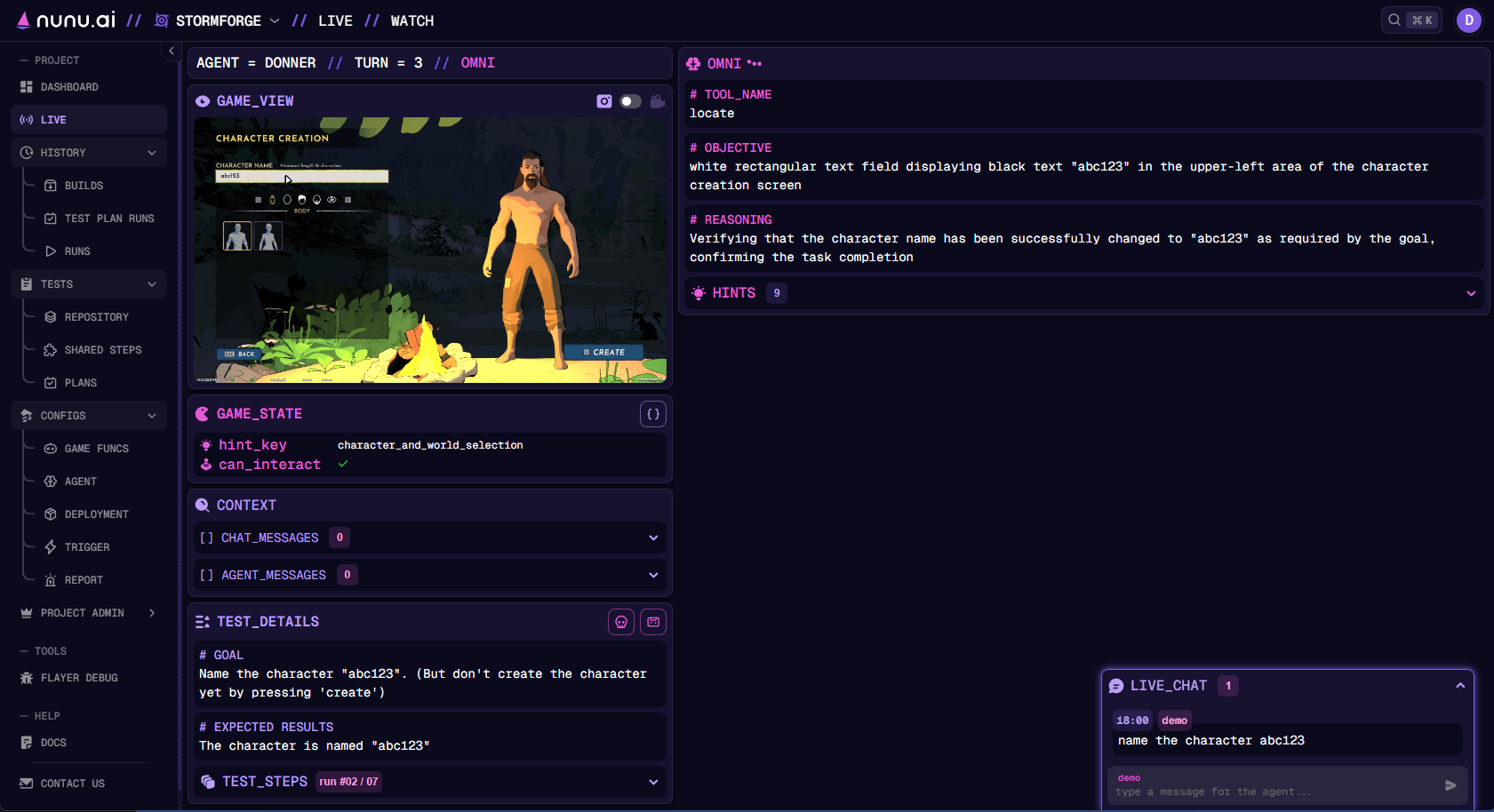 Live Testing Interface
