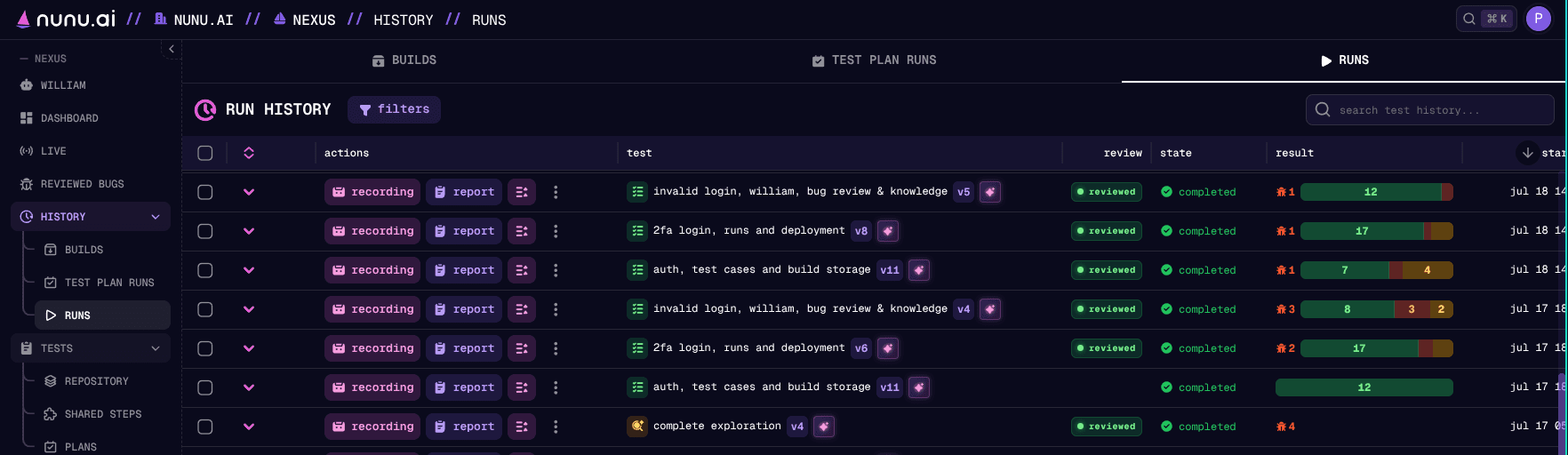 Test Runs View