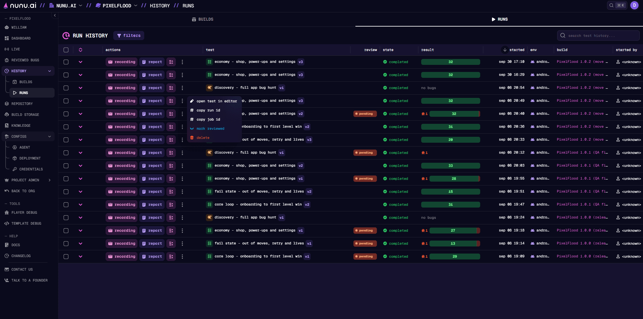 Runs tab with recording, report, and details actions, result summaries, and the run actions menu