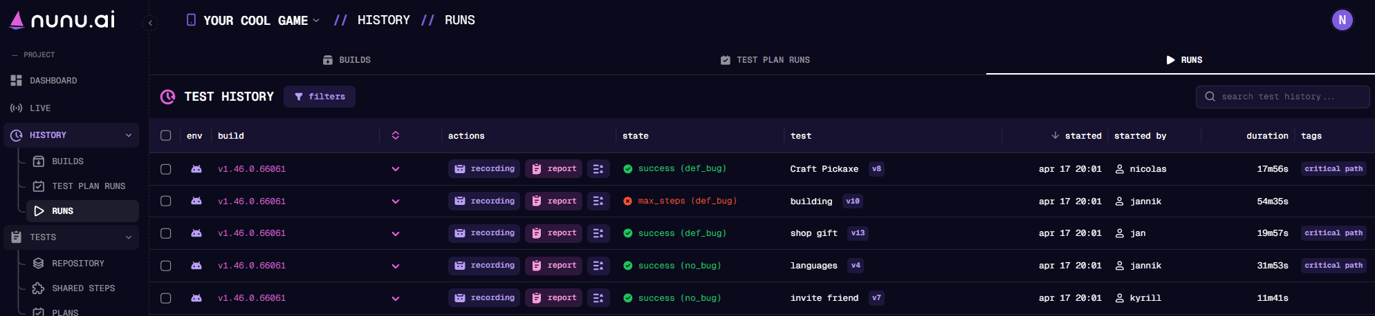 Test Runs View