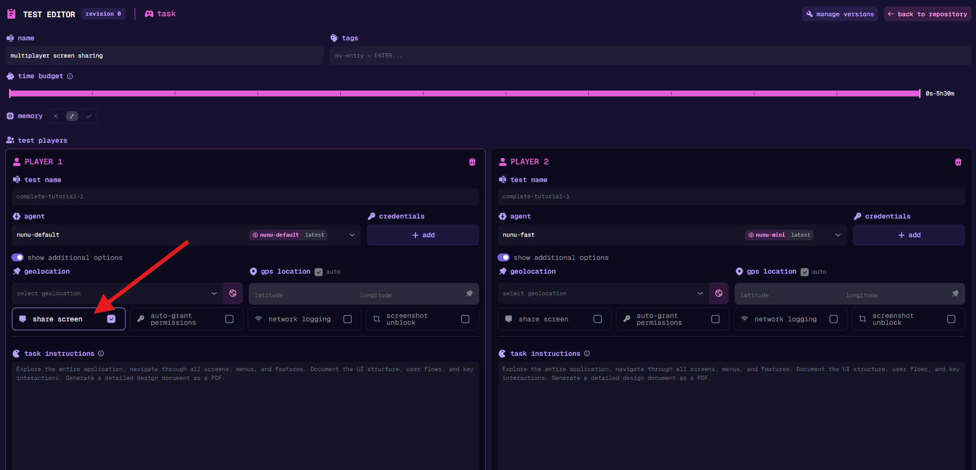 Enabling screen sharing for a player
