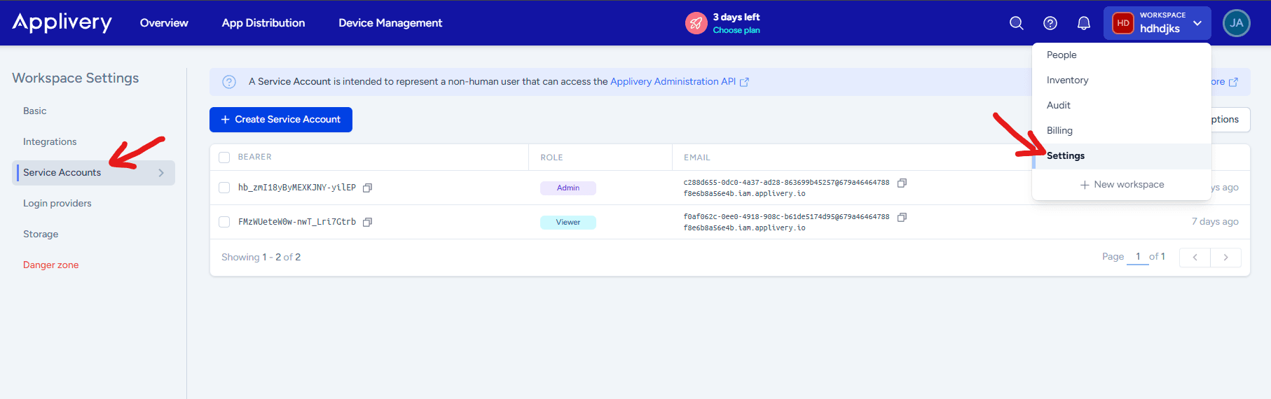 Service Accounts Menu