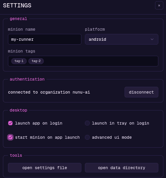 Settings Panel