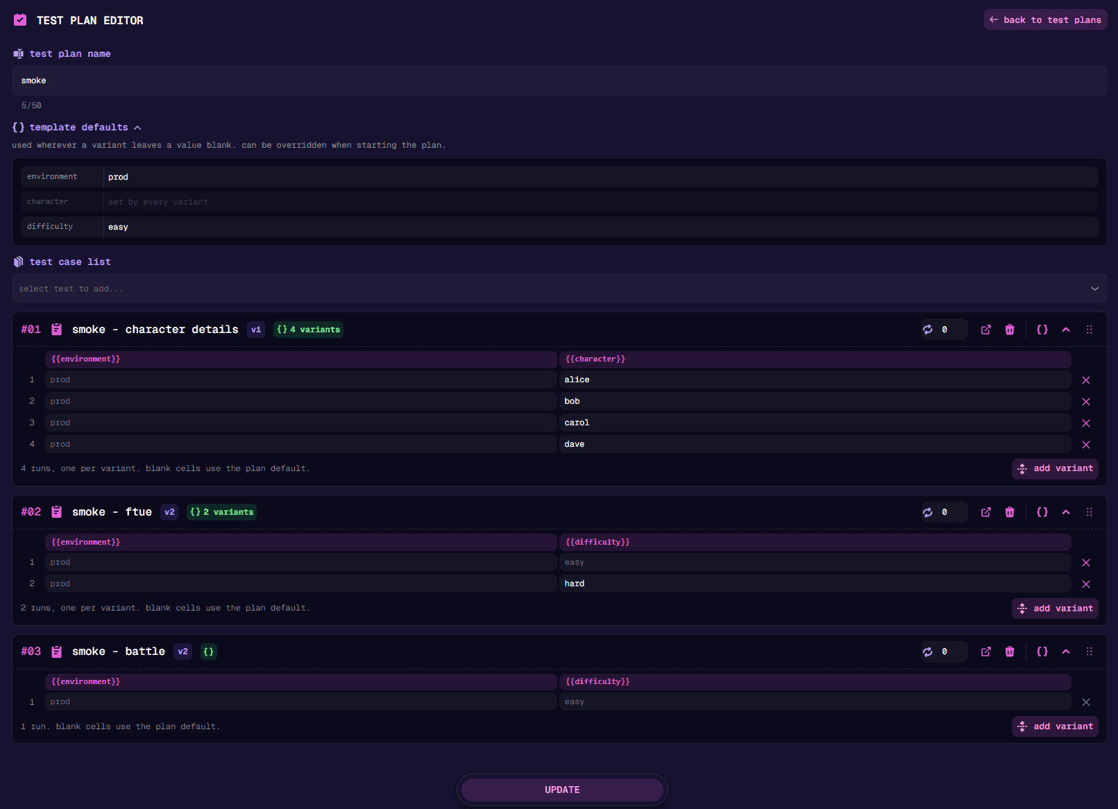Test plan with shared defaults and seven runs across three test cases