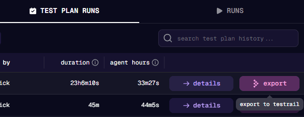 Test plan export button in row