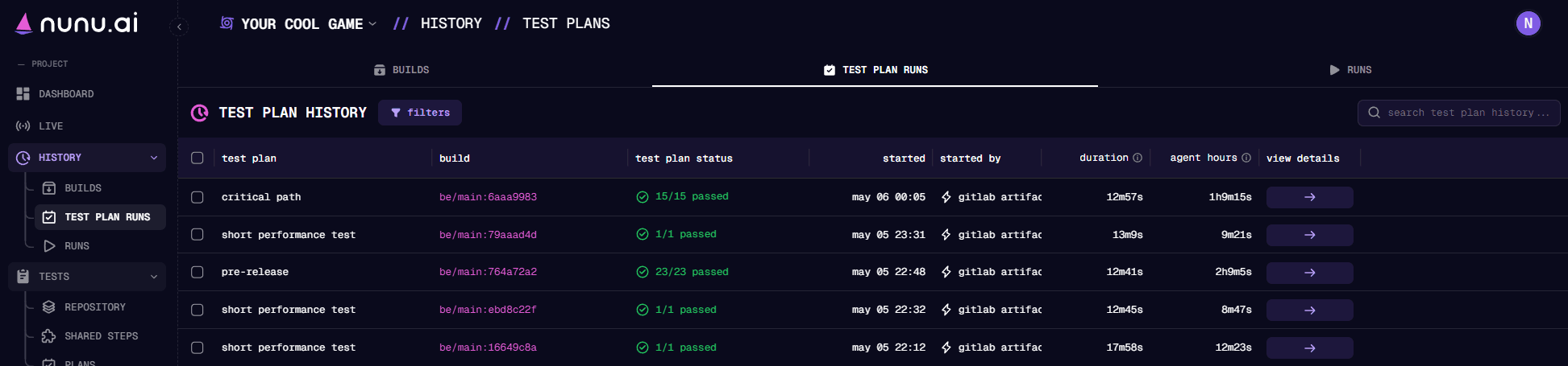 Test Plan Runs View