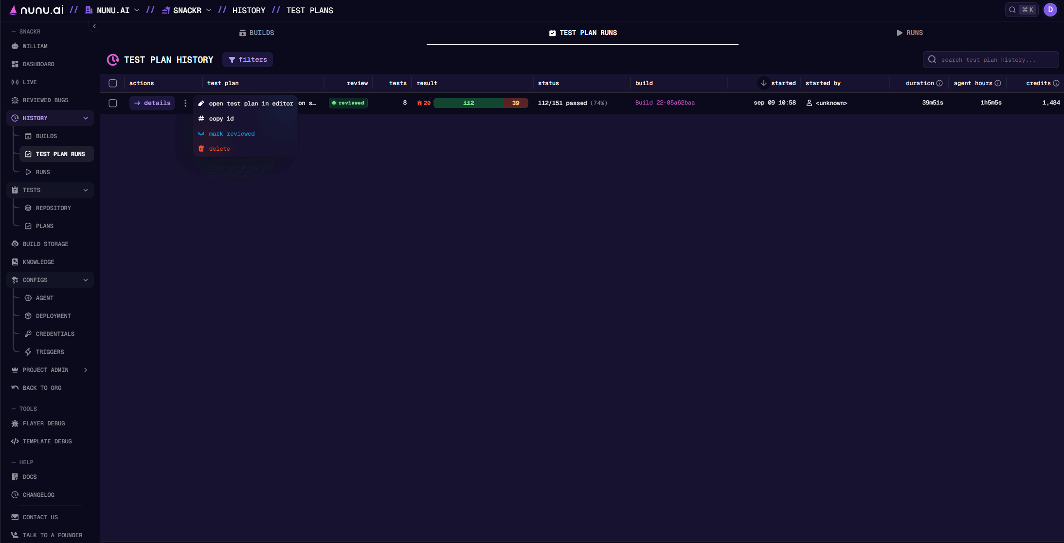 Test Plan Runs tab showing execution actions, results, duration, agent hours, and credits