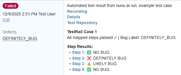 TestRail test result with Nexus comment